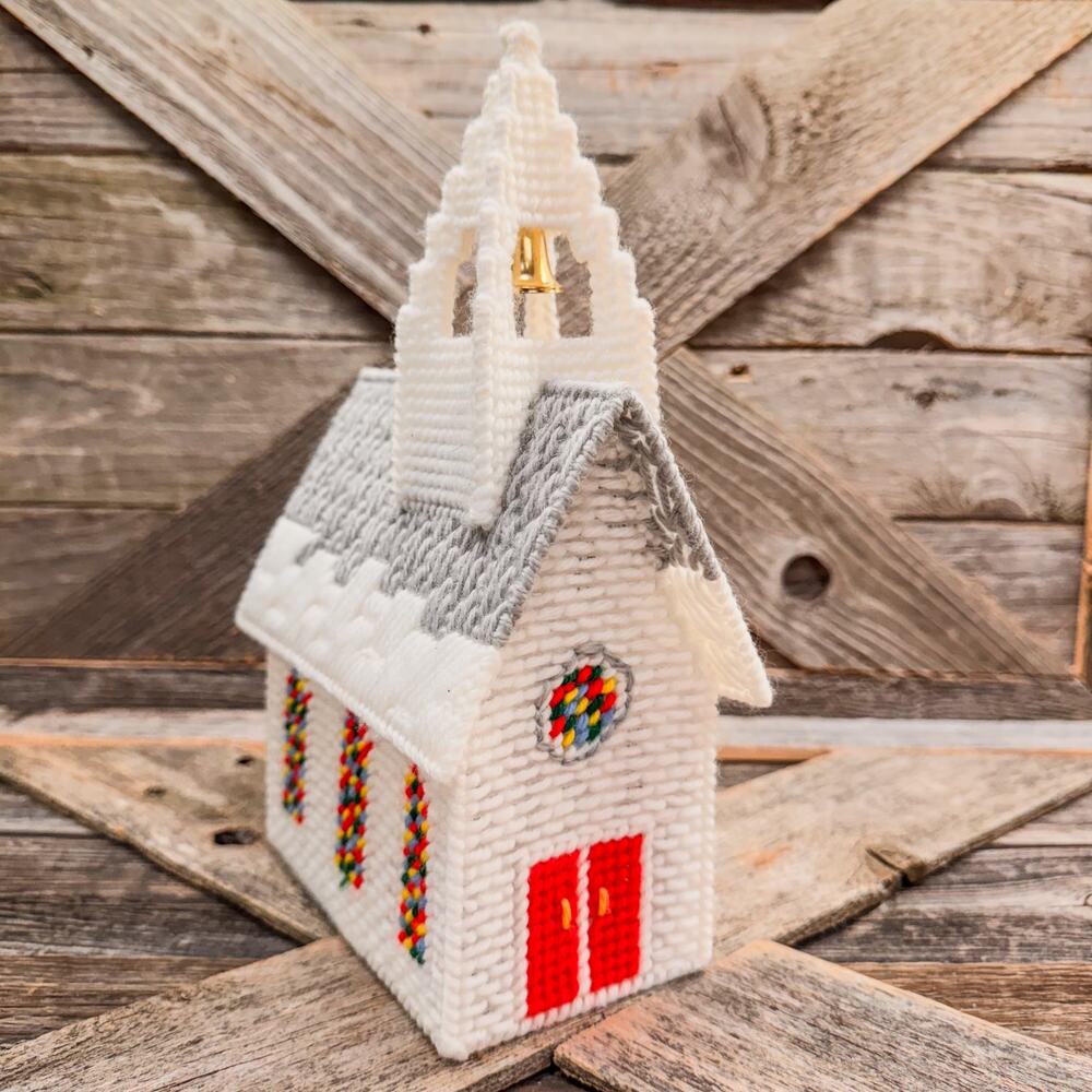 1970’s Vintage Eclectic Needlepoint-
Church w/ Gold Bell, 10” Tall, Yarn